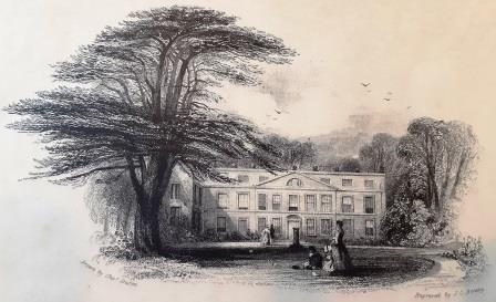 Engraving shows exterior of Bierley Hall with a large tree towering over it. 