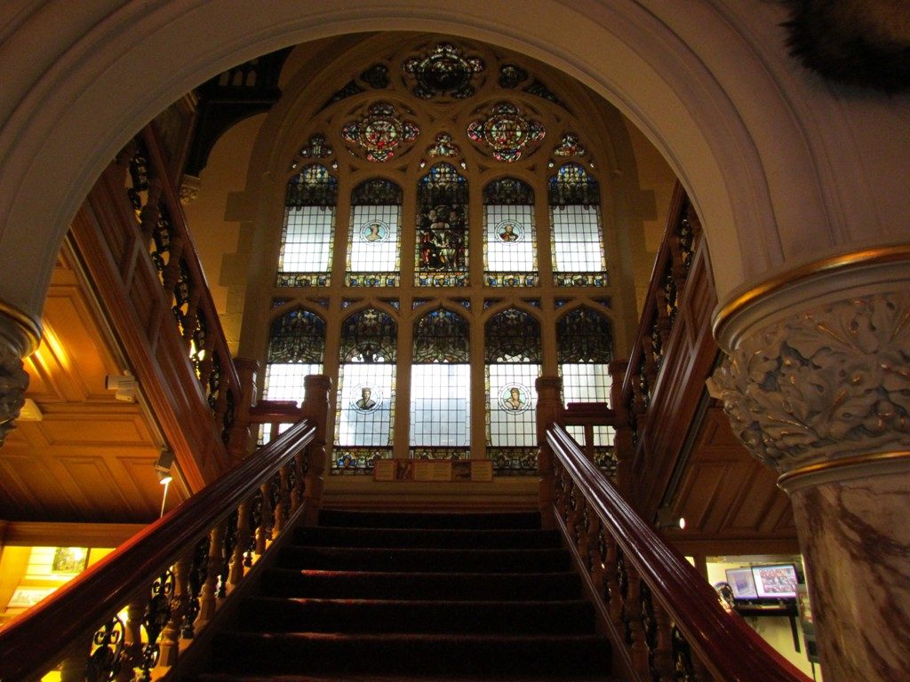 View of Stained Glass Window from the bottom of the Cliffe Castle stairs.