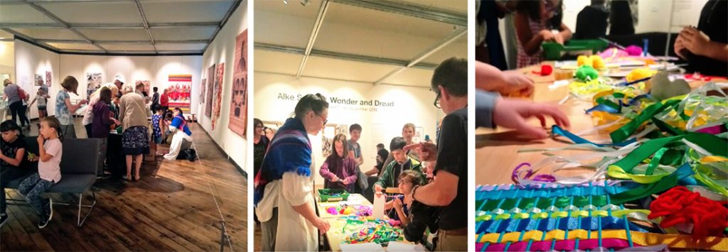  Irene Lofthouse, aka mill worker Mary Ryan, telling the story behind "A Terrible Calamity" and weaving colourful samples in the exhibition