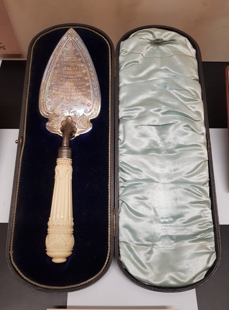 Ceremonial trowel presented to John Brigg of Kildwick Hall at the laying of the memorial stone.