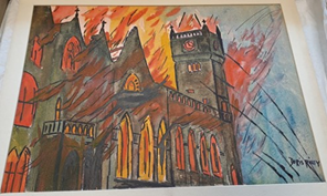 Doris Ada Riley, gouache painting of fire at the mechanics institute.