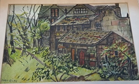 Gouache painting by Doris Ada Riley of the Stable, Chapel and Hall at Riddlesden.