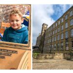 2 images combined. the left side image is a small child in a wooden 'bus' play area. The righthand side of the image shows the exterior of a mill building