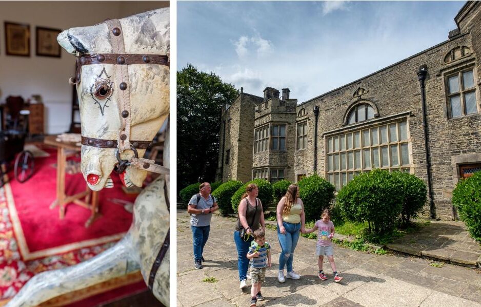 Double image - on the right hand side is an image of a grey wooden rocking horse. On the right side is and image of the exterior of the Hall - a part medieval , part georgian structure There is a family in the foreground