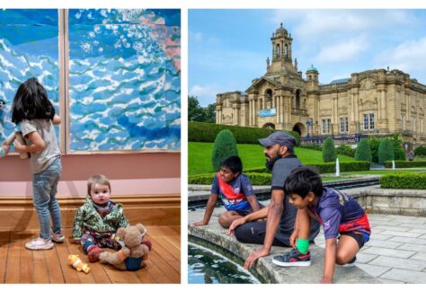 Double image - on the right is a young child with a teddy bear in a gallery in front of a colourful hockney painting. On the right is an image of a family sat by by a formal pools with Cartwright Hall (a grand Victorian style building) in the background
