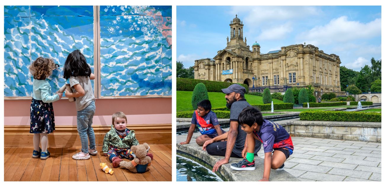 Double image - on the right is a young child with a teddy bear in a gallery in front of a colourful hockney painting. On the right is an image of a family sat by by a formal pools with Cartwright Hall (a grand Victorian style building) in the background
