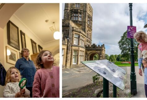 Double image - on the right side the image shows a family in a museum corridor with cases looking up at images on the wall. the right picture shows the exterior and entrance to Cliffe Castle - a Victorian style mock-castle with towers and castellations