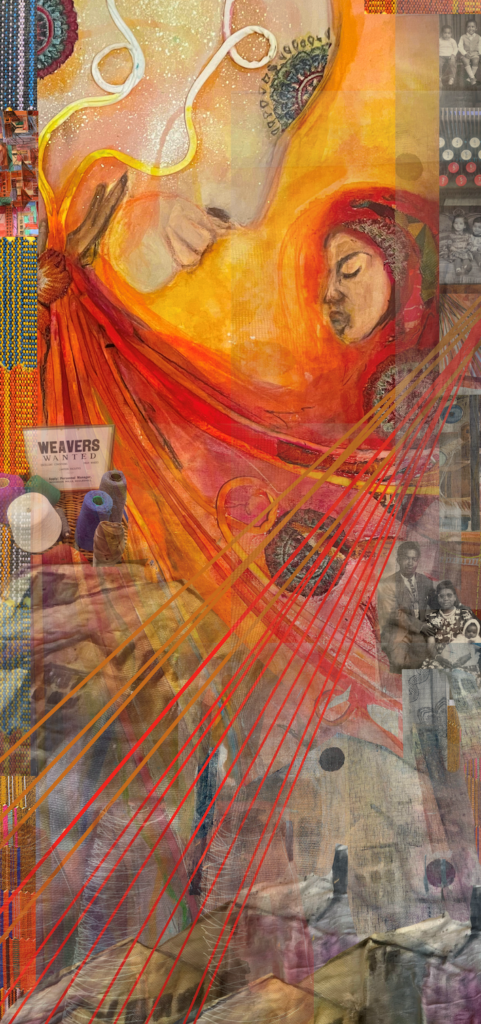 Close up of the textile piece. There are two faces of women in profile at the top of the piece, one detailed one more stylised. Beneath are colourful depictions of aspects of weaving and spinning