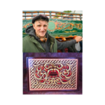 Two images combined - top image is Older man in green coat and flat cap stood in front of a cart decorated in traditional traveller community designs. Below is a close up of a traditional design, primarily in reds and golds