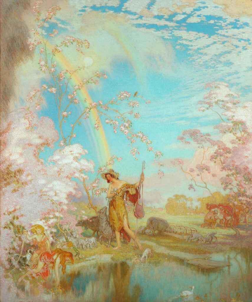 Image of a figure in the middle of the countryside, by a pond holding a bag aloft.  A lamb is drinking from the pond and there is a rainbow in the sky