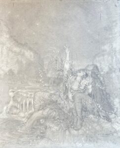 sketch of the foreground figures from the painting - shows the two figures reaching to to the sky,, sat on a river bank - a close up of the figures who are depicted further away in the finished painting