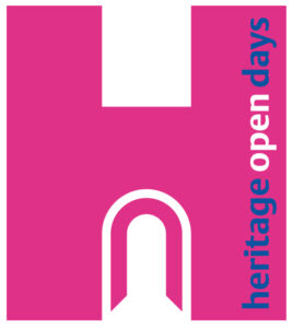Pink heritage open days logo (a H made to look like a tower with an open door)