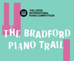 Bradford Piano Trail Logo - pink keys on a green background