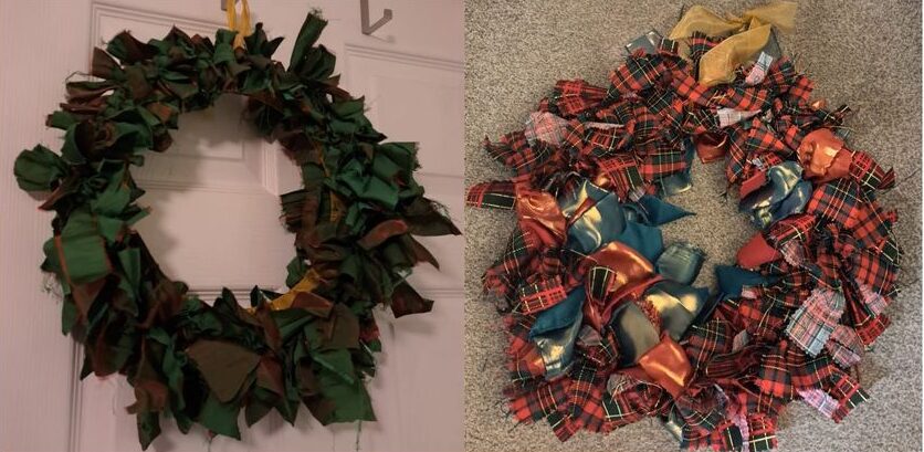 Rag wreaths - decorative wreaths made of fabric strips. One is primarily read and green tartan. The other is a shimmery red/green material