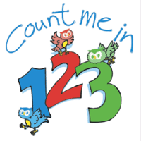 Say 'Count me in in 123 ' in bright colours with cartoon owls surrounding the numbers - a blue 1, a red 2 and a green 3