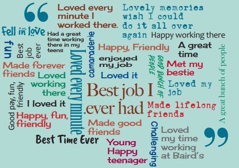 World cloud using phrases like 'Lovely Memories' 'Made life long friends' 'loved every minute there' 'Best job I ever had'