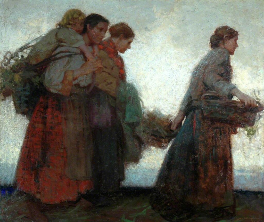 a painting depicting three woman carrying baskets across a non descript landscape (the focus is on the figures not the background).  They are roughly in a line, a basket carried between the two lead figures, the third woman has a small child on her back, as well as a pack.