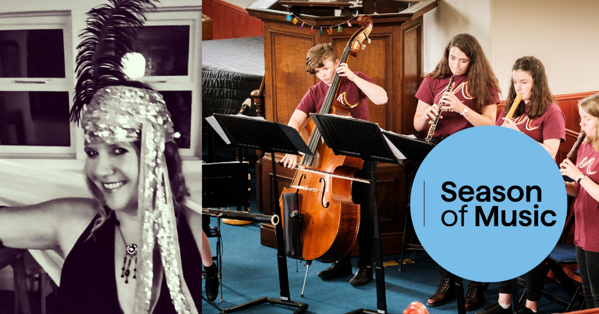 Lucienne De Ville (white woman in costume) is ahlf of the image, the other is a shot showing Young People playing classical/Early instruments, with the logo 'Music at the Museum' superimposed on the image