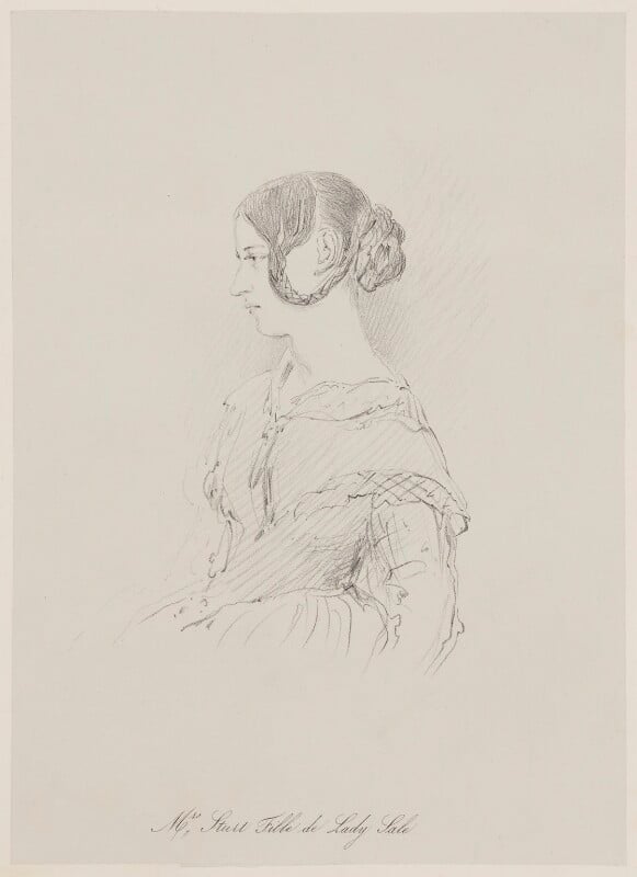 pencil drawing of a young lady in victorian dress, hair looped in typical victorian style.  It is captioned 'Mrs Sturt, Fille de Lady Sale'