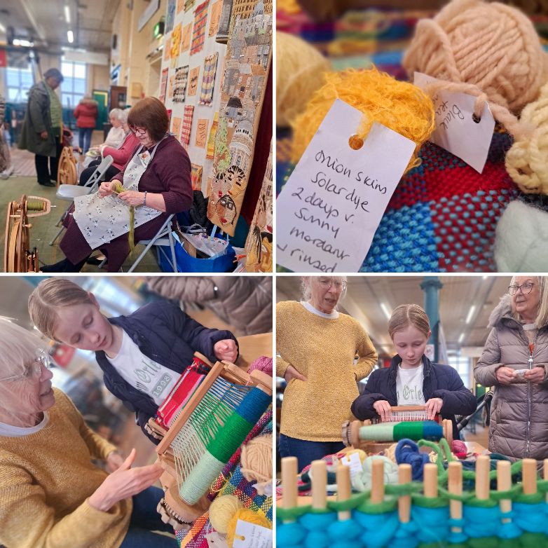 collage of weaving related images -yarns, weavers demonstrating