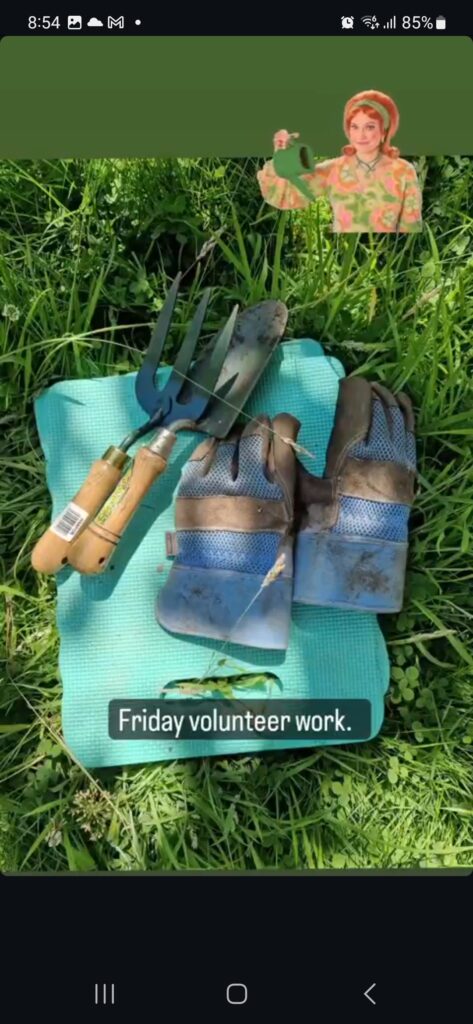 image of gardening tools on the grass with caption 'Friday volunteer work'