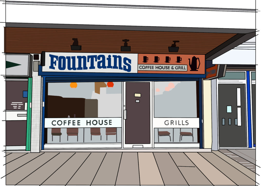a stylised cartoon illustration of the exterior of Fountains Café by Clock Tower Studio -