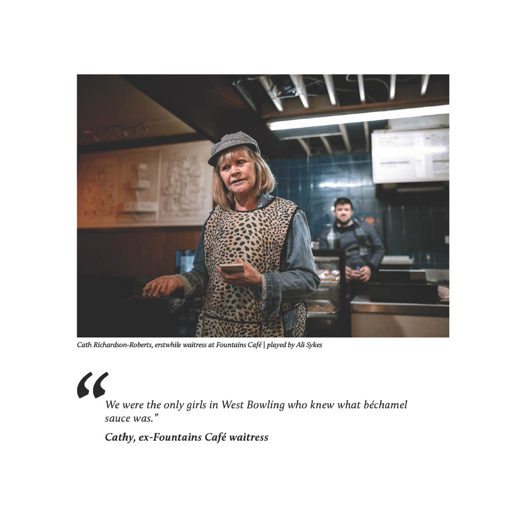 This panel shows a photo of one of the actors in character during the performance of Fountains of Tales with a quote from the History in Action oral history project.
