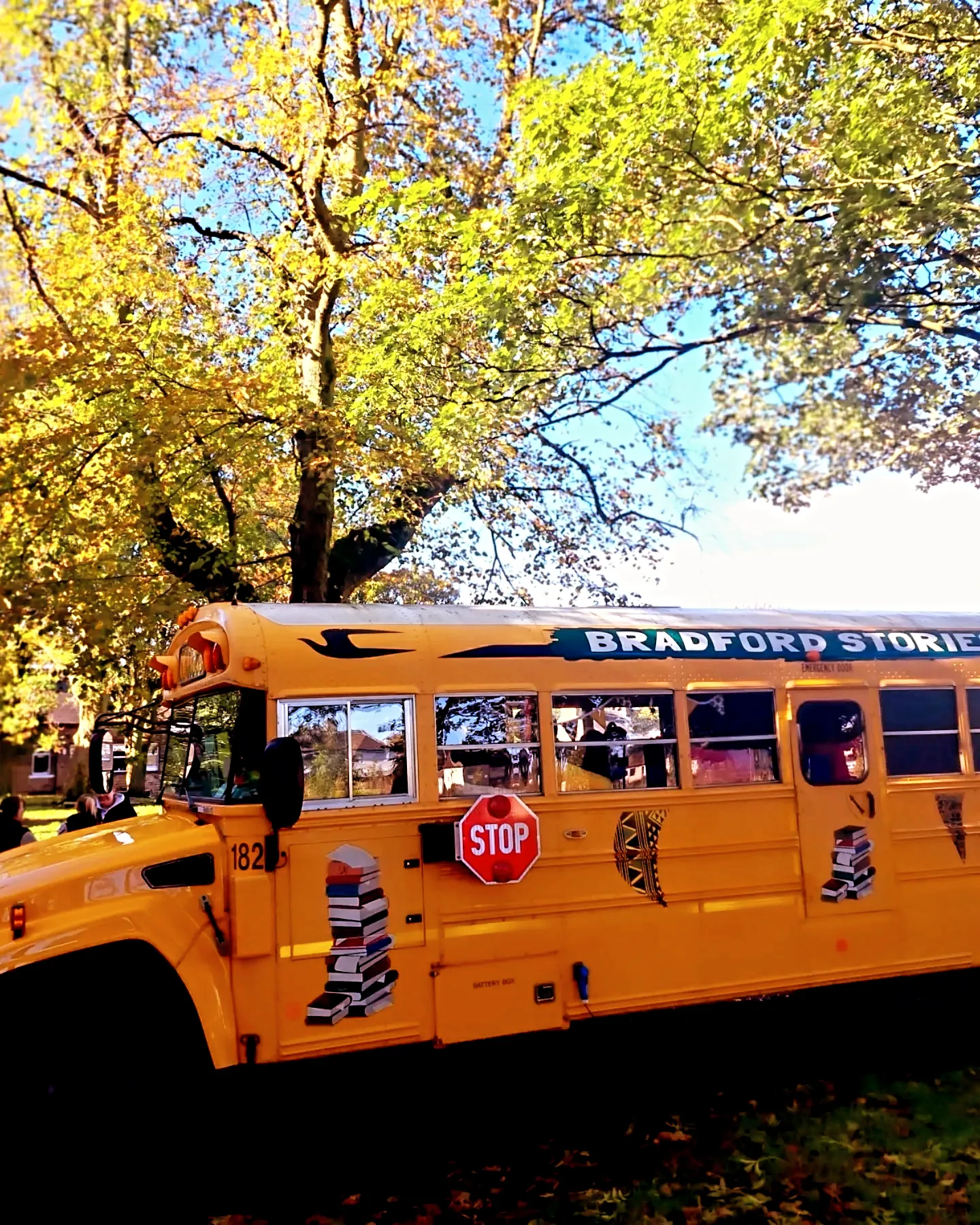 Yellow bus parked under a tree
