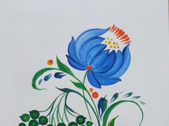 Stylised (Ukrainian) folk art depiction of a flower in blue and leaves in green