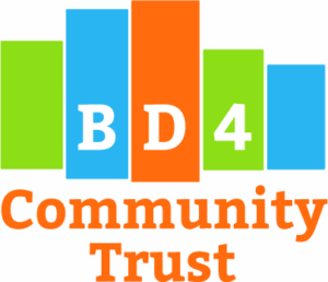 Logo for BD4 Community Trust - it is brightly coloured in orange blue and green