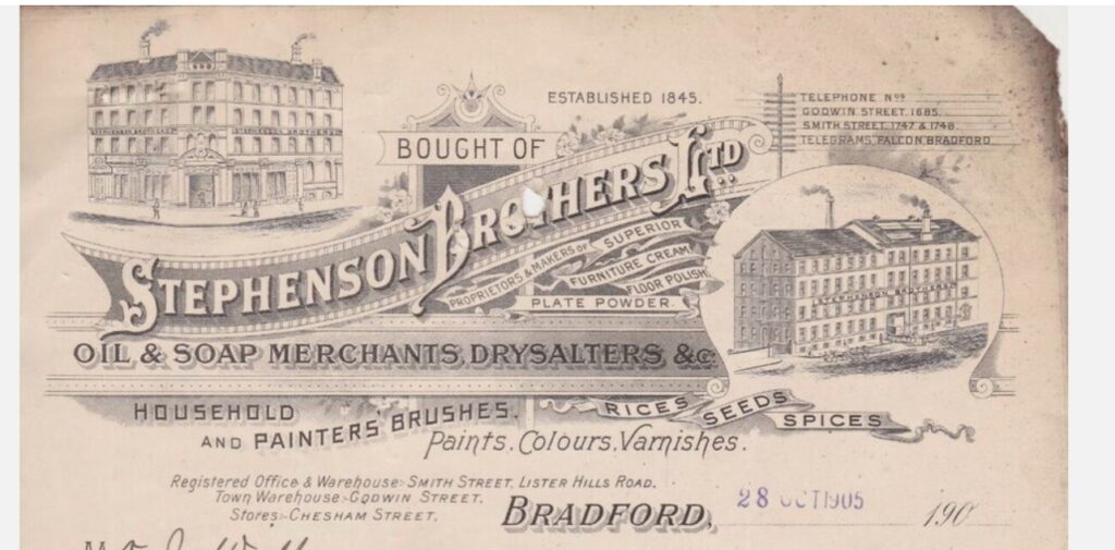 advertising image for Stephensons Brothers Lts- shows the shop/factory and that they sell various products include oils, soaps, brushes, varnishes etc