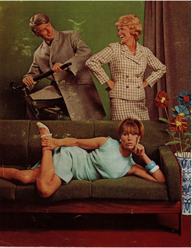 stylised photo depecting 2 women and a man in outfits made of wool. One woman is lying on the sofa (also upholstered in a woolen fabric), in a light blue dress, stood behind in a man in a grey tweedy jacket. The woman next to him, is a wearing a light checked two-piece skirt suit.