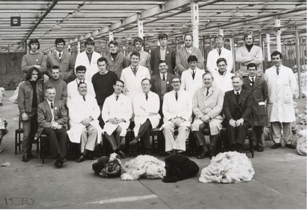Group of men in overalls, in a industrial setting with bales of wool fleeces in the background