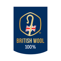 Blue and gold British wool logo. Depicts a crook in gold over a British Flag surrounded by a gold hexagon, the words British Wool in Gold underneath and then '100%' depicted in white lettering