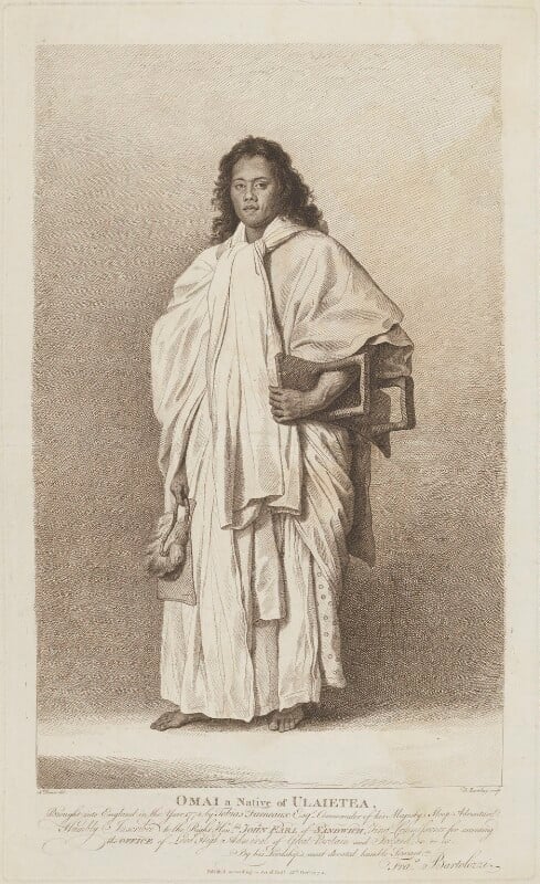 Fine line engraving depicting Mai. It is noticably different to Reynolds portrait, with a darker skin tone portrayed, long dark wavy/curly hair visible and more of his traditional accessories (not just his robes)