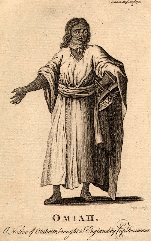 Less detailed engraving depicting Mai.  It is noticably different to Reynolds portrait, with a darker skin tone portrayed, a wider nose, long dark wavy/curly hair visible.  His clothing is less like a toga than in the Reynolds portrait