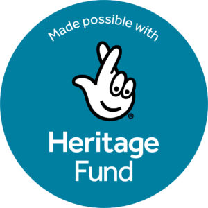 Made Possible with Heritage Fund logo - with the lottery crossed fingers cartoon