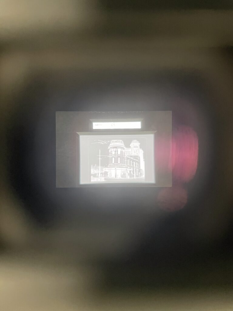 Close up of the Black and white negative showing an old building