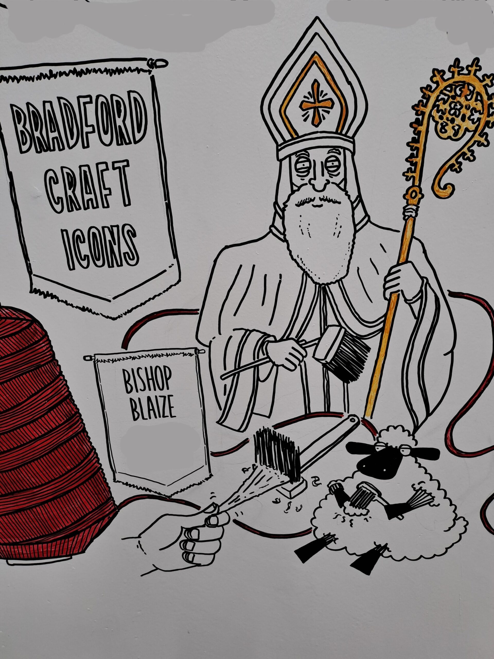 Illustration of Bishop Blaise holding a crozier, with wool combs, a sheep, and banners reading “Bradford Craft Icons” and “Bishop Blaize.”