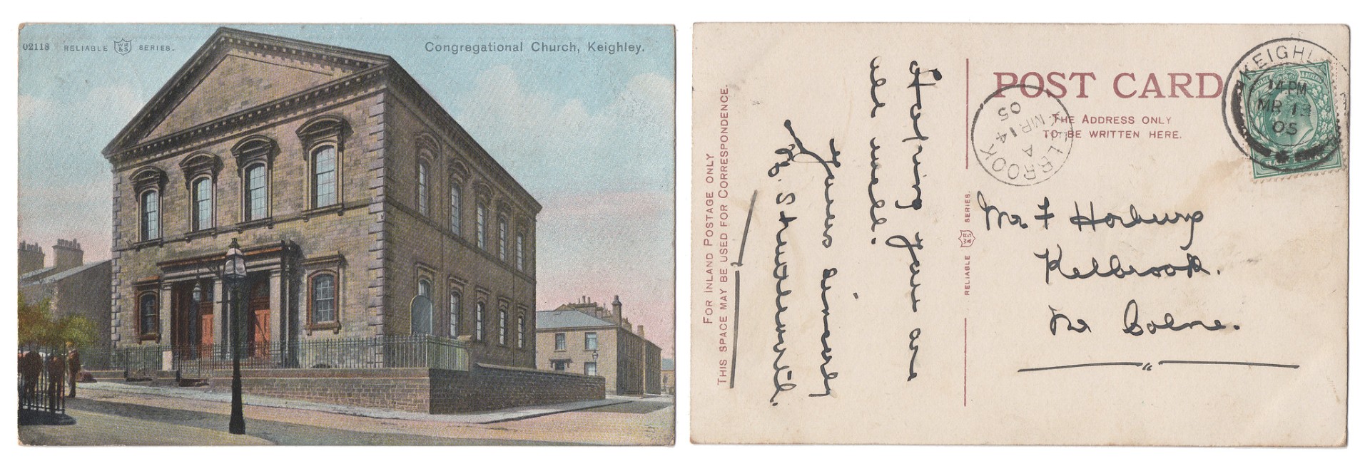 Vintage postcard showing two sides. The left side features a color illustration of the Congregational Church in Keighley, a large stone building with tall arched windows, a central entrance with columns, and a streetlamp in front. The right side shows the back of the postcard with handwritten text, a green postage stamp, and a postmark dated 1905. The printed word “POST CARD” appears at the top.