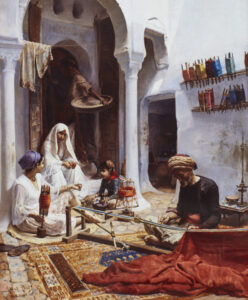 a painting of an arab weaver, sat in the open area inside house, surrounded by thread and fabric and other figures.