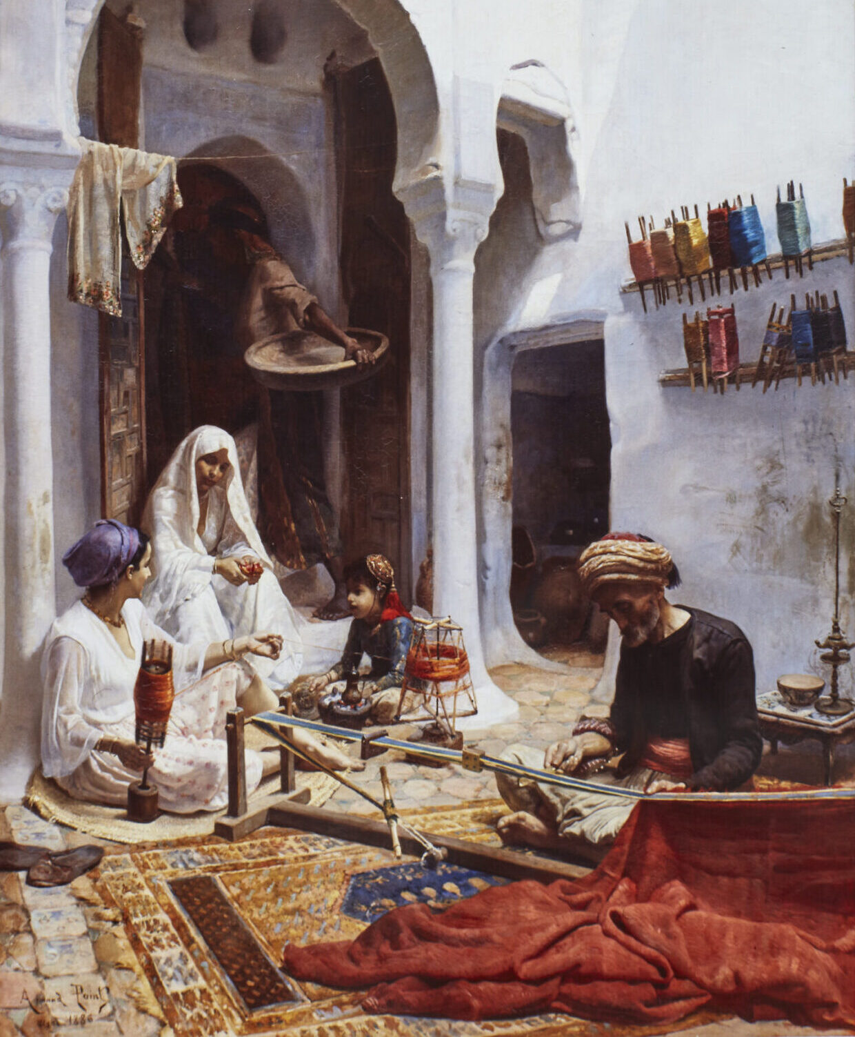 a painting of an arab weaver, sat in the open area inside house, surrounded by thread and fabric and other figures.