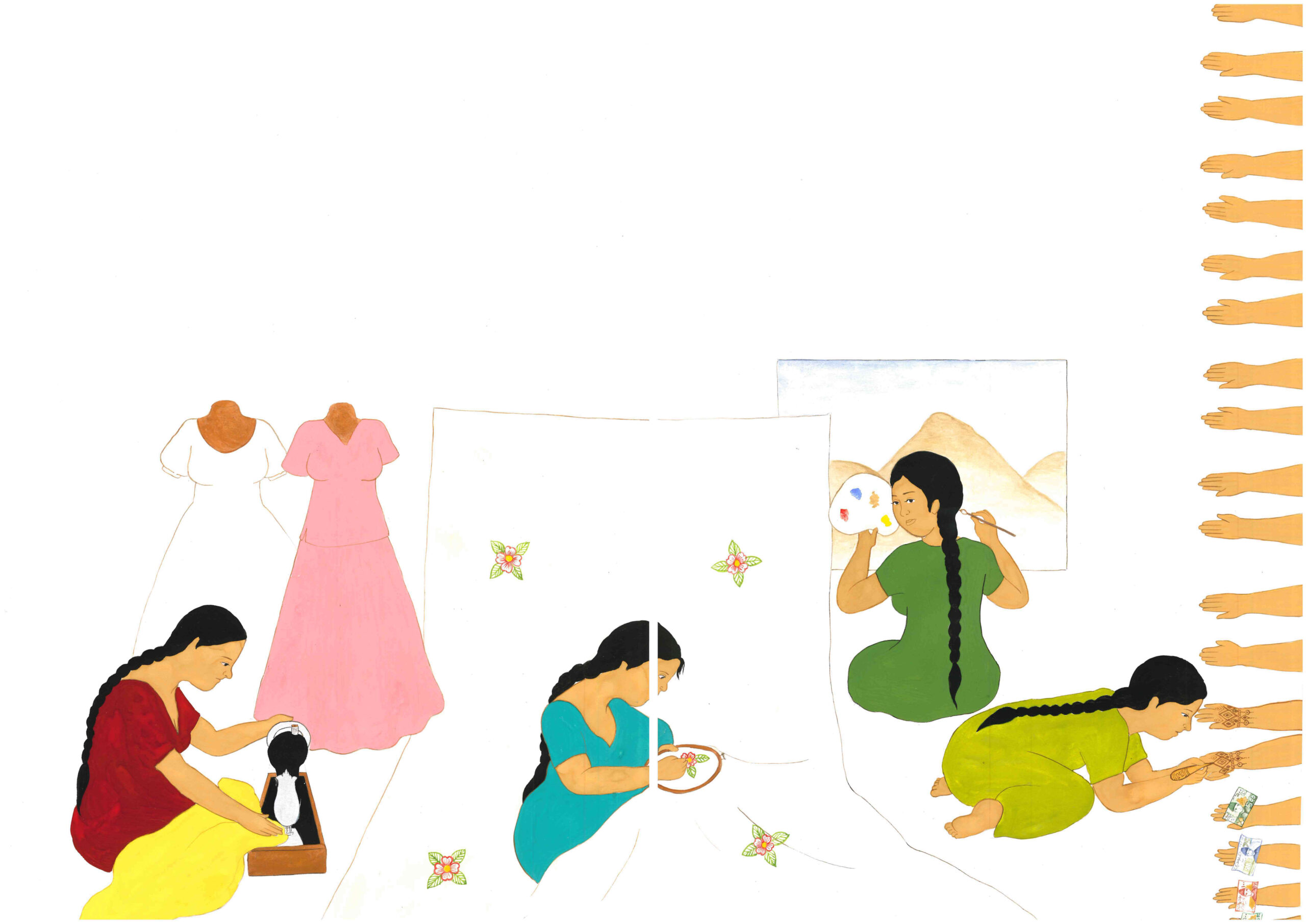 llustration of four women engaged in traditional craft activities. One woman on the left, dressed in red and yellow, styles the hair of a doll. Nearby stand two dress forms with simple garment outlines, one white and one pink. In the center, a woman in a blue dress sits behind a large white textile decorated with small floral motifs, stitching embroidery into the fabric. On the right, a woman in green paints at an easel, working on an image of a mountain landscape, while another woman in green kneels on the floor examining or arranging small embroidered motifs. Along the right edge of the image are repeated illustrations of hands in different positions