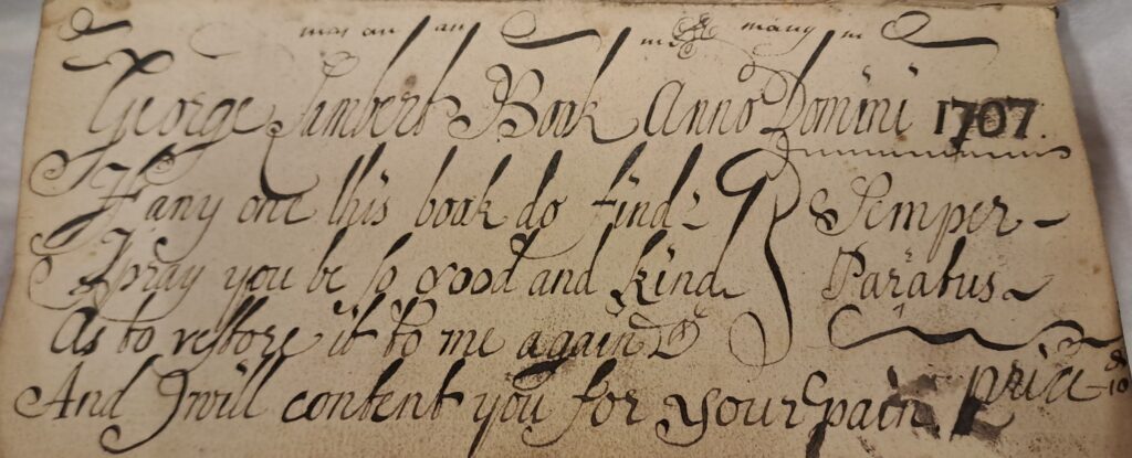 images of handwritten text on the flyleaf (as described in blog text)