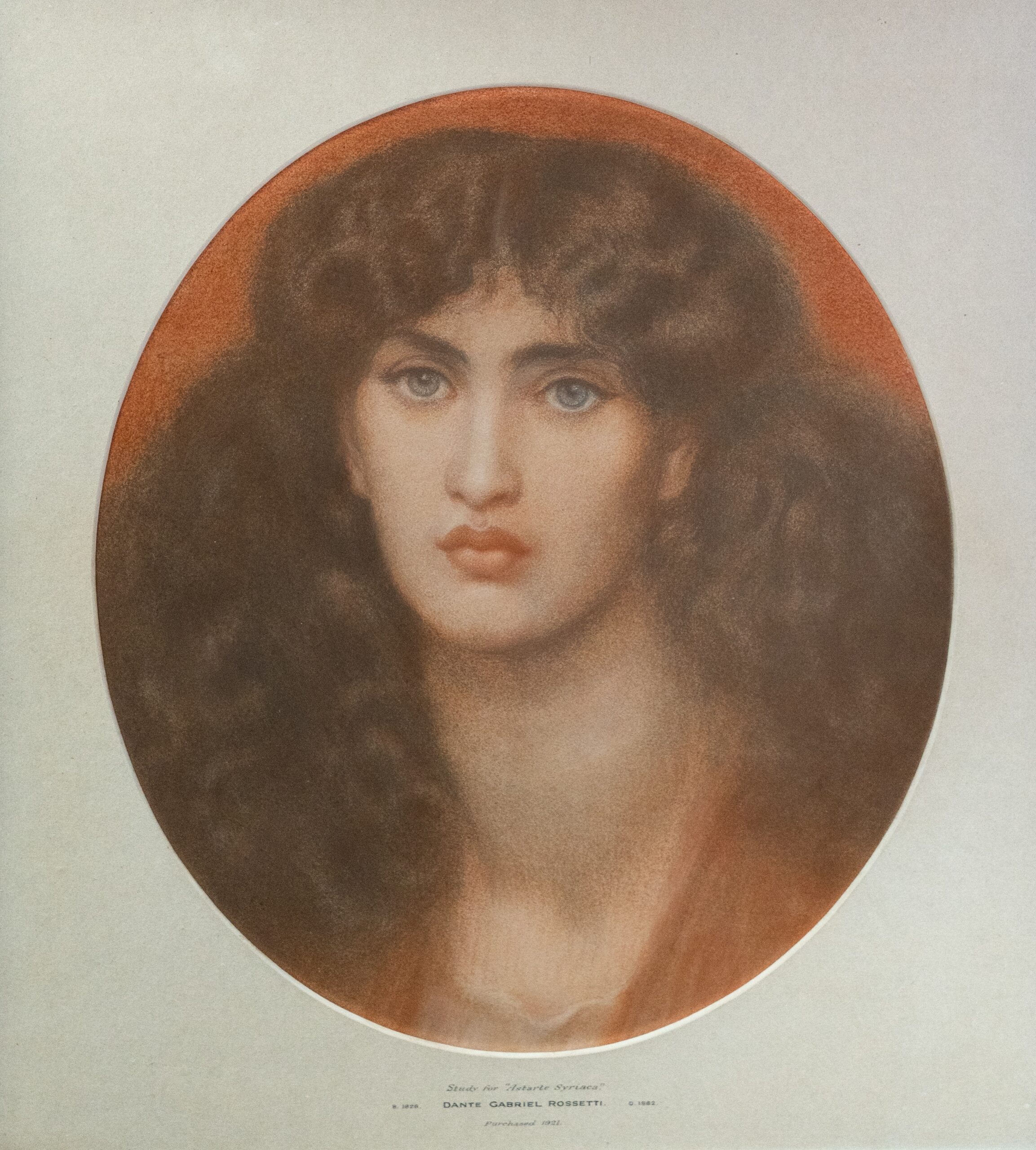 pastel study image of a dark-haired woman -head and shoulders only. She has the strong jaw line, long flowing hair and direct gaze typical of Pre-Raphaelite images.