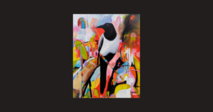 a painting of a black and white magpie on a very bright colourful background