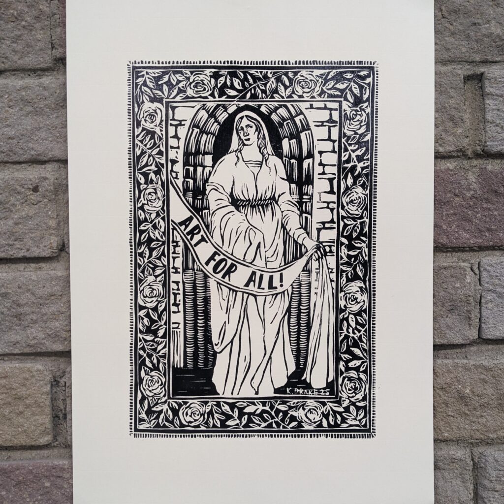A black‑and‑white lino print of a robed figure framed by ornate floral borders, holding a banner reading “ART FOR ALL!”