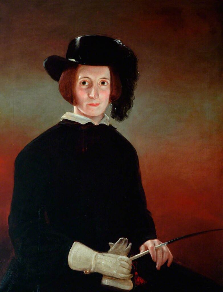 A formal 19th‑century painted portrait of a seated person wearing a black wide‑brimmed hat with a dark plume, a black outfit with a white collar, and white gloves. They hold a riding crop in one hand and the gloves in the other, set against a warm brown and red background.