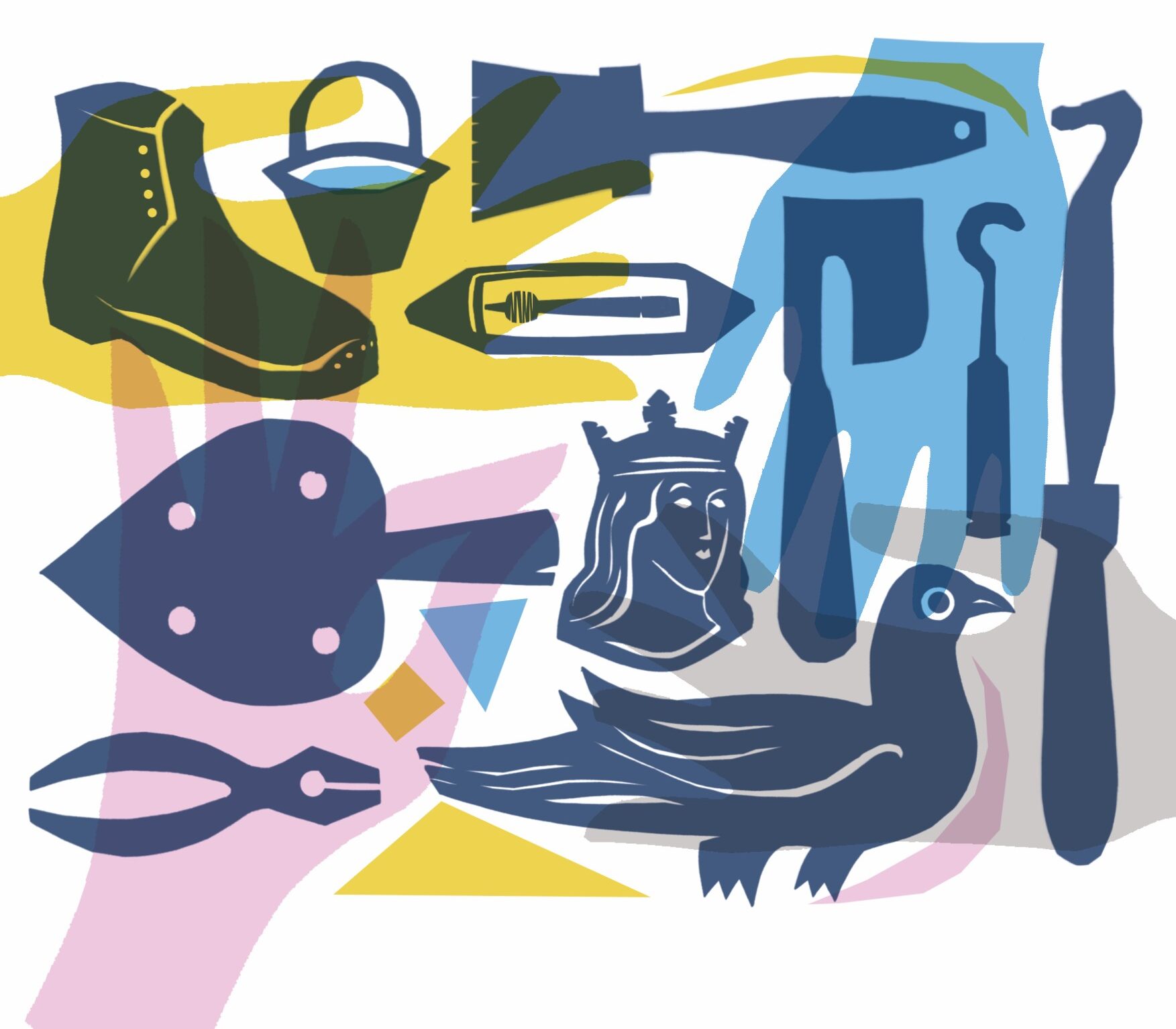 stylised version of various crafts and tools - including lace, lace bobbins, brushes, stained glass etc and hands