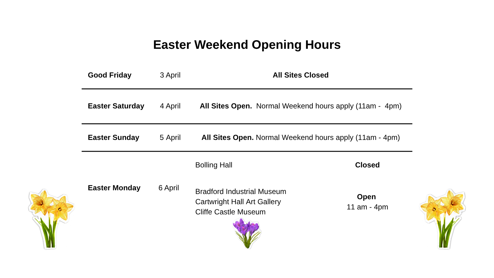 Easter 2026 opening times. Accompanied by image of daffodil and crocus. All info also in event details